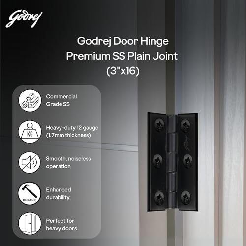 Image of Godrej Door Fittings | 3 inch x 16 Gauge Plain Joint Door Butt Hinges (Pack of 1, 5 Pcs /Pack) | Matte Black Finish, Smooth Operation | 3 Holes Kabza for Home Main Door, Bedroom | 1 Yr Warranty