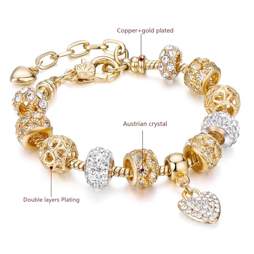 Leprato Gold Plated Heart Charm Bracelet Glass Crystal Beaded Bracelet Stunning Jewelry Gifts for Women2