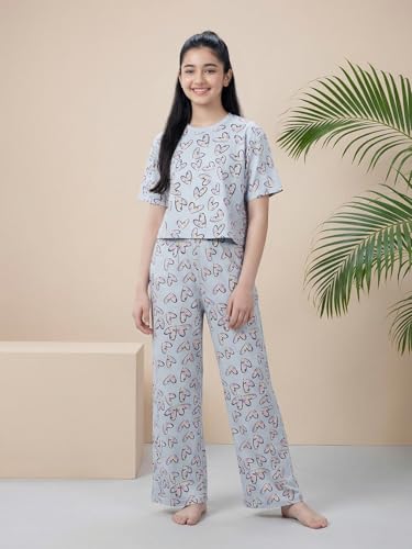 Image of Li'l Tomatoes Girls Cotton Night Suit Set | 100% Cotton Summer Co-Ord Set | Half Sleeve T-Shirt & Full Length Pajama | Soft & Breathable Printed Clothing Set | 9-16 Years
