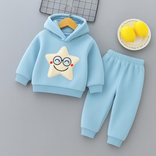 Image of Bold N Elegant Unisex Kids Fleece Printed Smiling Star Warm Fur Pullover Sweatshirt Hoodie Tshirt and Jogger Pant Winter Clothing Set Dress
