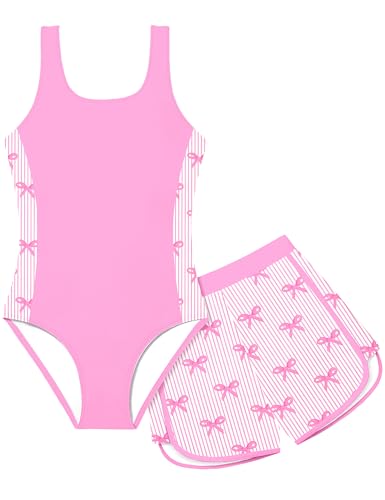 Image of Girls Swimsuit One Piece Swimsuits Color Block Bathing Suit for Girls Adjustable Strap Padded Swimwear with Shorts
