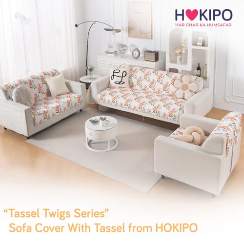 Image of HOKIPO Painterly Floral Quilted Sofa Cover for 1 Seater with Tassels for Seat & Back, 'Tassel Twigs' Series (IN-989-T8)