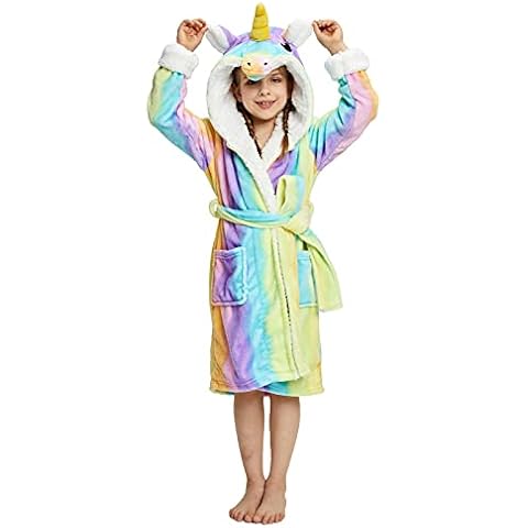 Newcosplay Unisex Kids Animals Plush Soft Unicorn Hooded Bathrobe (Rainbow-Yellow Unicorn, 8-10 Years) Cover