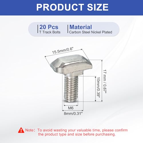 Image of PATIKIL M6 x 12 mm Thread T-Slot Bolts, 20 Pcs Drop-in Bolt Hammer Head T-Bolt Standard 8 mm Sliding Screw Stud for 30 Series Aluminum Extrusion Profile, Silver