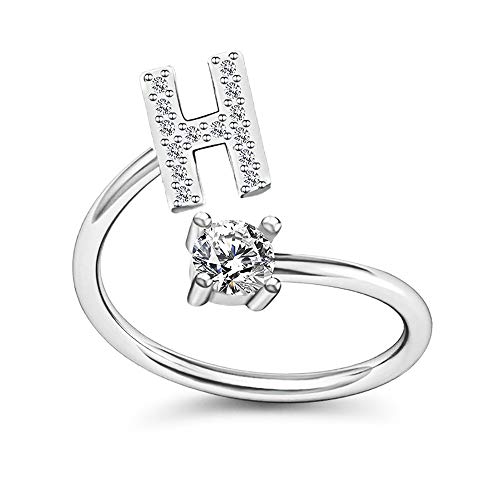 FUTIMELY Initial Letter Ring Alphabet Ring A-Z Silver Crystal Open Adjustable Personalized Initial Ring for Women Teen Girls(H)