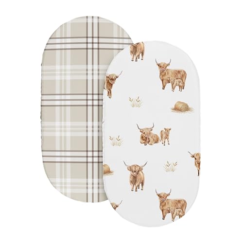 Image of Sweet Jojo Designs 2-Piece Baby Bassinet Sheets Set (Boho Highland Cow) for Girls /Boys, Infant Newborn Nursery, Oval, Rectangle & Hourglass Mattress (Taupe Plaid & Farm Animal, Watercolor, Farmhouse)