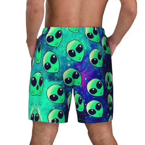 Green Aliens Print Men's Double Shorts Casual Lightweight Elastic Waist Drawstring Summer Beach Shorts3