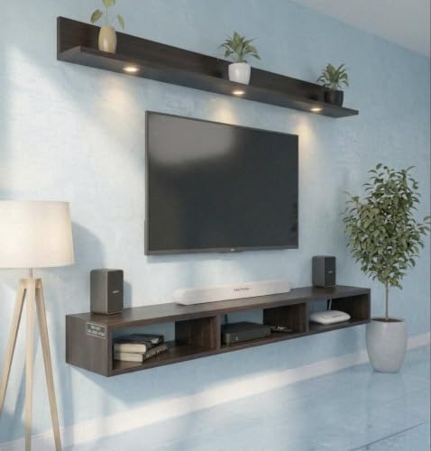 Image of Bros Moon Wall Mounted TV Cabinet Parallel Rooftop Model, Dark Wenge, pre-Laminated, Wood, for Living Room, Suits TV up to 55 Inches (Dark Wenge, Rooftop 48 Inches Base with Light)