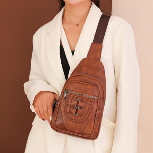 PU Leather Sling Bag Multi Pockets Chest Bag Backpacks Crossbody Purse Chest Daypack Sports Crossbody Bag