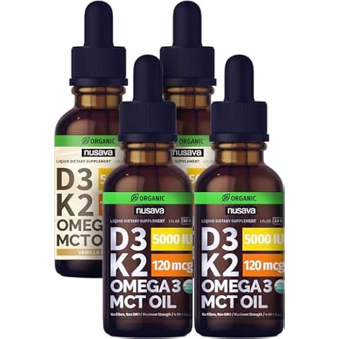 NUSAVA Unflavored D3 K2 Liquid Drops and Vanilla Flavored D3 K2 Liquid Drops Bundle - Potent Liquid Vitamins for Heart, Joint, Bone, Muscle, & Immune Support - Non-GMO, Gluten-Free, 2pk Each Cover