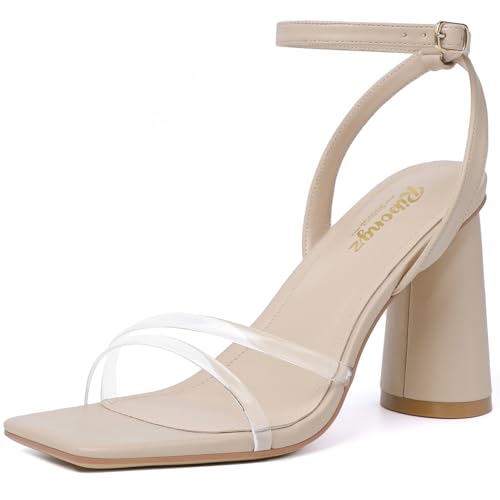 Image of RIBONGZ Block Heels Prom Heeled Sandals for Women Chunky Square Open Toe Strappy High Heels Ankle Strap Wedding Bridal Shoes High Heel Sandals for Party Dress