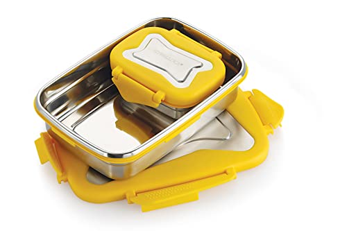 Image of STEELLOCK Smart Stainless Steel Tiffin Lunch Box 2pc Set - Airtight Leakproof Rectangle Combo - 750ml & 170ml with Steel Lids - Yellow - Ideal for Kids & Adults, School & Office