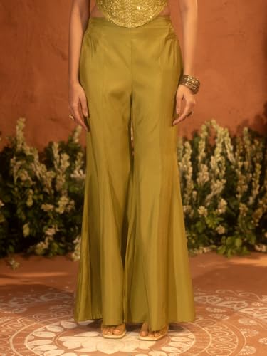 Image of FIORRA Women Olive Green Viscose Chanderi Embroidered Ethnic Top Palazzo Set with Dupatta