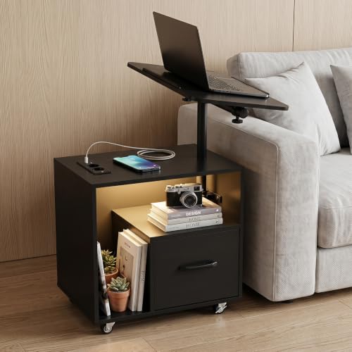 Table de lit a roulettes avec éclairage LED télécommandable et tiroir de rangement - 3