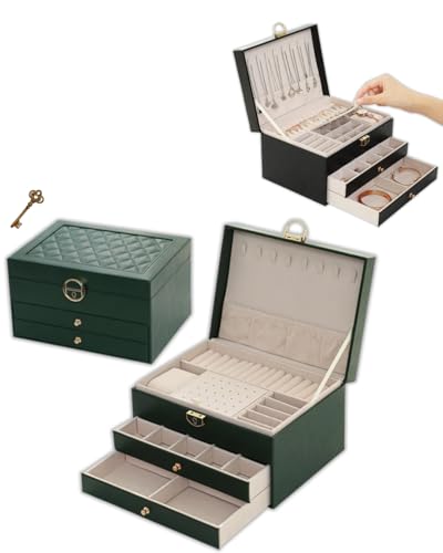 Porta Joias Organizador 3 Camadas C/Chave | Estojo Multiuso para Anéis, Colares e Brincos | Modelo Elegante, Resistente e Ideal para Organização | Cor Verde