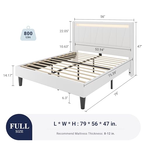 Image of Allewie Full Size LED Bed Frame with Charging Station, Velvet Upholstered Platform Bed with Geometric Wingback Headboard, Modern Frame with No Box Spring Needed, Easy Assembly, White