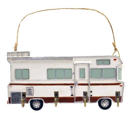 Key Holder 4 Hook Rack, White Retro Vintage Classic Class A Motorhome RV Camper Van Wall Plaque Sculpture, 8.5"
