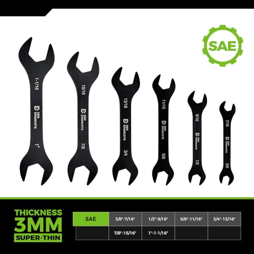 Image of Der Erwachte Super-Thin Open End Wrench Set, SAE, 6-Piece,3 /8 inch to 1-1 /16 inch, Black Electrophoretic Coating, with Rolling Pouch