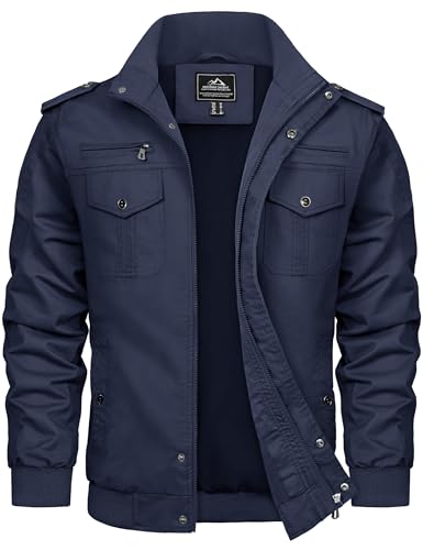 Chaqueta Hombre Invierno Algodón Militar Chaqueta Ligera Casual Ropa Exterior Cargo Chaqueta al aire libre a prueba de viento, azul marino, M