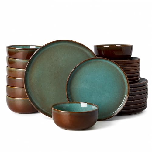 Image of Famiware Milkyway Stoneware Dinnerware Set, 24-Piece, Double Reactive Glaze, Plates and Bowls, Service for 8, Microwave and Dishwasher Safe, Scratch-Resistant, Moss Green & Cocoa