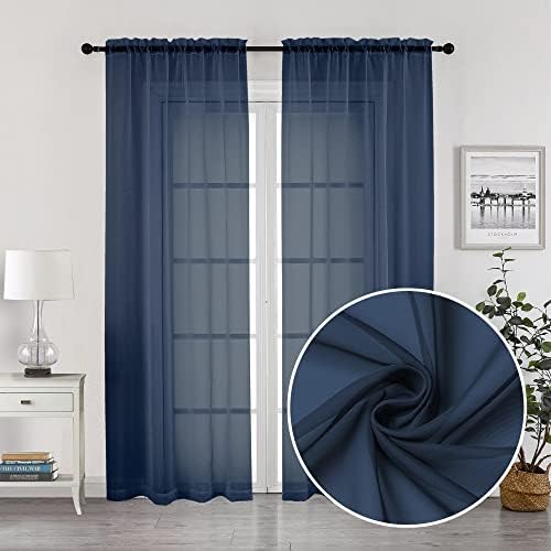 Chyhomenyc Sheer Curtain Panels 84 inch Length 2 Panels, Solid Voile Top Dual Rod Pockets Stylish Breathable Drapes Window Treatment for Kid’s Room/Bedroom/Living Room, 42W x 84L inches, Navy Blue