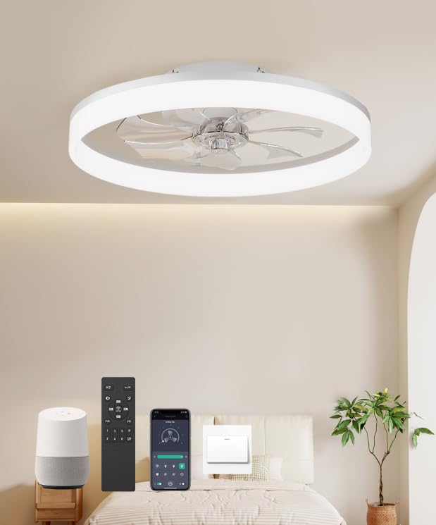 AQUBT 20'' Flush Mount Ceiling Fan with Light, Low Profile Smart Ceiling Fan, 6-Speed & Dimmable LED, Alexa/Google Home Voice Control,Reversible Airflow, App Timer, Memory Function for Bedroom（White）