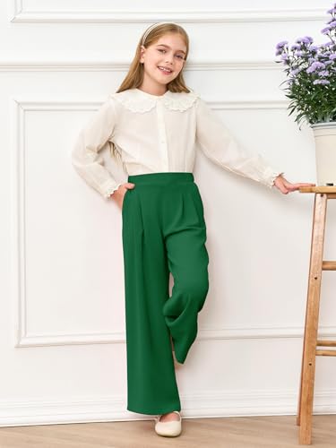 Image of Haloumoning Girls Uniform Pants Kids Wide Leg Dress Pants 5-14 Years | High Waisted, Casual Trousers, With Pockets