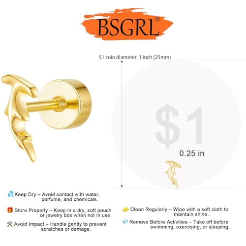 BSGRL Flat Back Earrings - 14K Gold Plated Tiny Hammerhead Sharks Flat Back Sphyrnidae Flatback Stud Earrings for Women Helix Jewelry