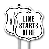 Line Starts Here (2 Pack) 12 inch X 12 inch Shield Shaped Commercial Grade Plastic Signs with Aluminum Mounting Stakes Weather Resistant Made in the USA