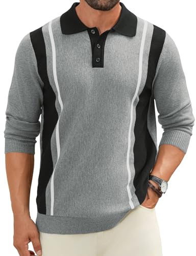 Hardaddy Men's Vintage Striped Polo Sweater Color Block Lightweight Long Sleeve Collared Knit Shirts