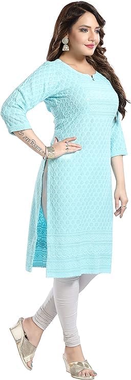 Robes indiennes kurta chikan-kari en rayonne : tunique brodée prête à porter - 5