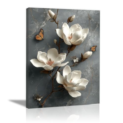Tableau fleurs Magnolia et papillons HOQIU multicolore decoration murale toile encadrée 60x80cm