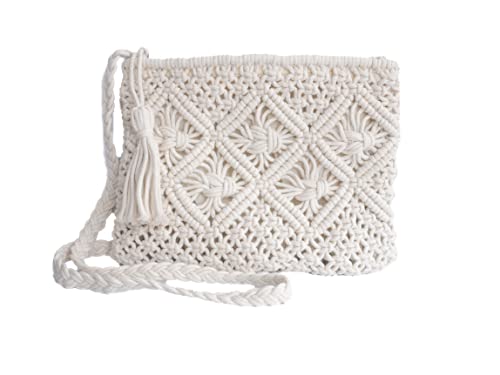 Bolsa de macramê de algodão | Alça de ombro transversal tricotada à mão com zíper | Moeda Boho com franjas fofas | Branco Bege Cinza, Branco