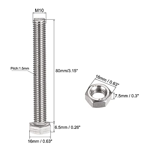 Image of uxcell M10 x 80mm Hex Head Screws Bolts, Nuts, Flat & Lock Washers Kits, 304 Stainless Steel Fully Thread Hexagon Bolts 6 Sets