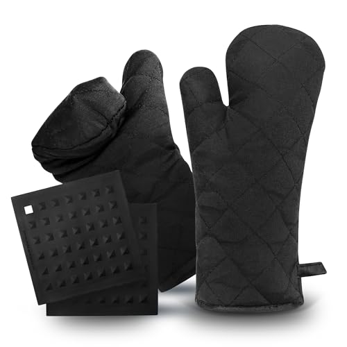 LauterSchutz® Topflappen und Untersetzer im Set - extra weiche & waschbare Baumwolle [Hitzebeständig bis 250°C] mit Untersetzern aus Silikon - Topfhandschuhe zum Kochen & Backen (Schwarz)