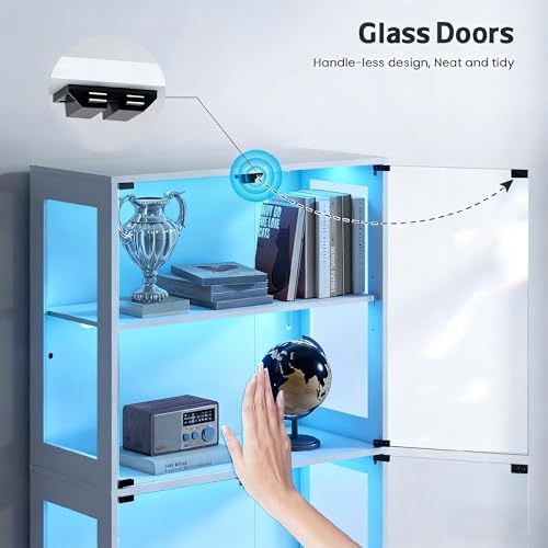 Image of Lamtor Display Cabinet with Glass Doors - 67 inch Curio Cabinet for Collectibles with RGB LED Lights and 2 Drawers, 4 Tier Glass Display Case for Living Room, Office, White