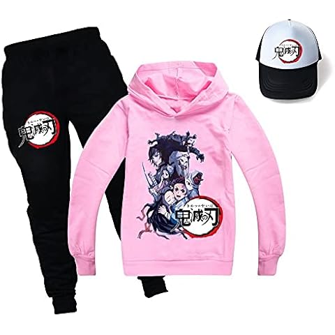 Yumenam Children's Tracksuit Tanjirou Nezuko Printed Hooded Sweatshirt + Sweatpants + Baseball Cap 3pcs Set Hoodie Tops and Black Pants Sports Suit for Girls Boys Cover