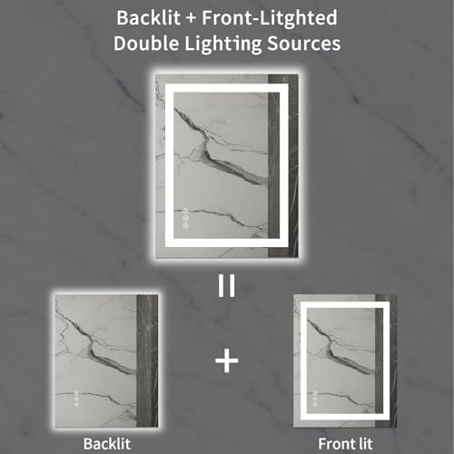 LOAAO 28X36 LED Bathroom Mirror with Lights, Anti-Fog, Dimmable, Backlit + Front Lit, Lighted Bathroom Vanity Mirror for Wall, Memory Function, Tempered Glass, Safe to Use, ETL Listed