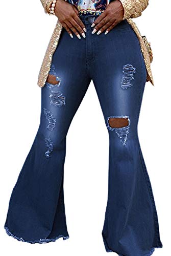 SeNight Women Bell Bottom Jeans Elastic Waist Ripped Flared Jean Destroyed Raw Hem Denim Pants