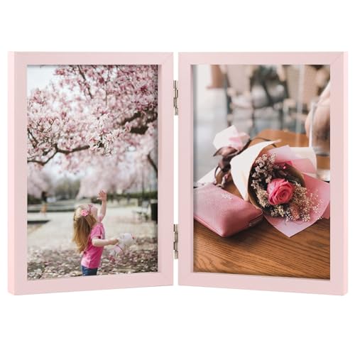 Space Art Deco Double 4x6 Picture Frame 2 4x6 Folding Photo Frame Standing Vertically on Desktop or Tabletop Home Decorative Christmas Holiday Gift Pink