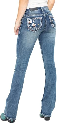 Women's Vintage Washed Mid-Rise Slims Stretch Curvy Bootcut Jeans Denim Embroidery Jeans3