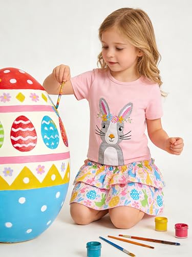 Image of Little Girls Skirt Set - 2 Piece Short Sleeve Top Shirred Tiered Skirt Outfit Girls Spring Summer Clothes 3-8 Years