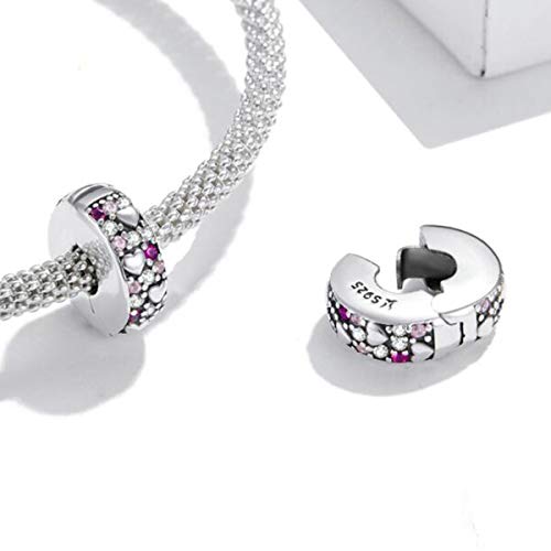 2pc Clip Spacer Charm Bracelets for Women 925 Sterling Silver Blue White Crystal Charm Clip Lock Spacer Stopper Charm Bead for Bracelet (Pink Crystal Love -2pc)2