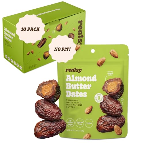 Image of Realsy Almond Butter Stuffed Medjool Dates, Organic Dates with No Sugar Added, Gluten-Free, Vegan, Good Source of Fiber, Low Glycemic Index, All Natural Healthy Snack, (10 Pack)
