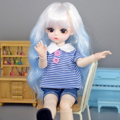 Image of Tickles Movable Joints Doll Beautiful Eyes Fashionable T-Shirt with Short Dress for Kids Girls (Color: Blue Size: 30 cm)