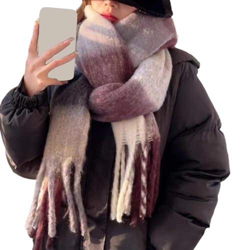 YCBMINGCAN Écharpe tissée en tricot pour femme avec motif à carreaux colorés et longues franges épaisses, écharpe chaude d'hiver bleue pour femme