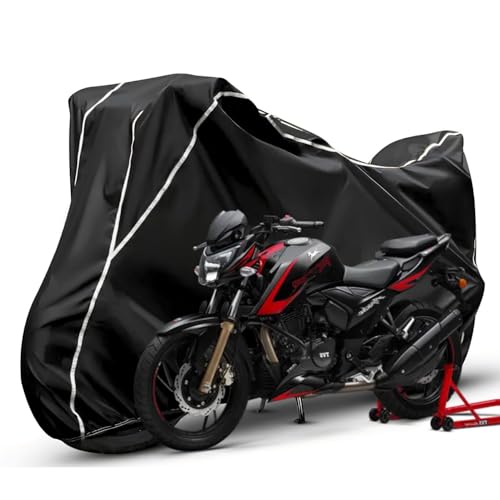 Image of Waterproof Bike Body Cover Compatible with Yamaha Apache RTR 200 Dustproof Scratchproof - Motorcycle Cover for Two Wheeler, Outdoor Full Cover with UV, Duty, Rain Protection (Black & White) R1