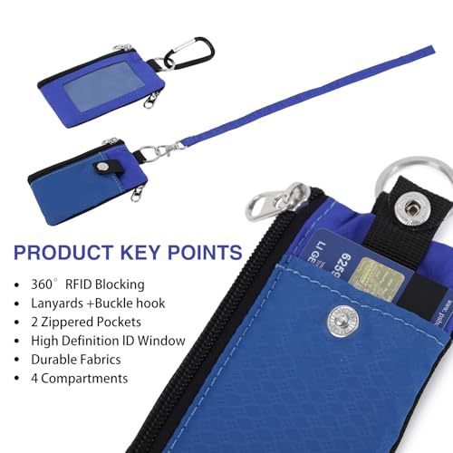 Image of MASAPHlL Small Lanyard Wallet for Women /Men with RFID ID Card Wallet, Minimalist Nylon Zipper Pouch, Travel Neck Wallet with Keychain, ID Window for Card,Coin,Cash (Blue+Treasure Blue)