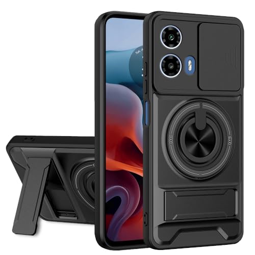 Image of AESTMO Moto G34 5G / G45 5G Back Cover | Armor Camera Slider 360 Degree Rotating Finger Ring Holder Case with Bracket Stand Back Case Cover (Compatible with MagSafe Accessories) (Black)