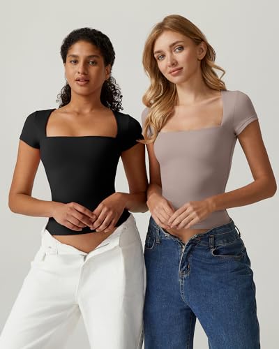 QINSEN Women's Square Neck Short Sleeve T Shirts Double Lined Basic Tee Slim Fit Tops4